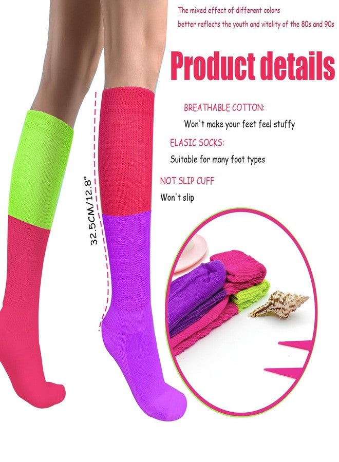PINCHUAN 1Pairs Neon Socks for Women 80s 90s Neon Slouch Socks Women's Leg Warmers Slouch socks Pink/Green Long Sock Soft Scrunch Knee High Sock 80S neon Outfit-1pairs Color mixing - Image 2